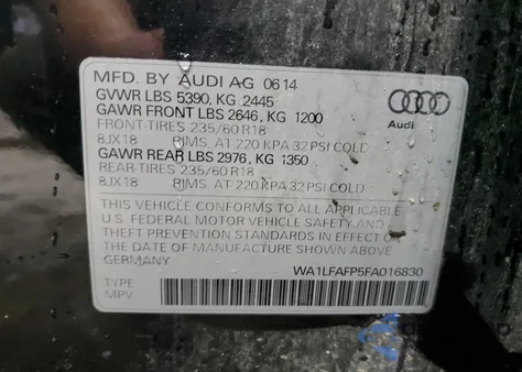 2015 Audi Q5 Premium Plus из США, поврежденный, VIN WA1LFAFP5FA016830